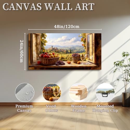 crmotu Faux Window Rustic Wall Art, Fruit Harvest Kitchen Wall Decor, Vineyard Landscape Large Art Prints, Orchard Beyond the Windowsill Pictures for Living Room Dining Room Bedroom 24x48 Inch