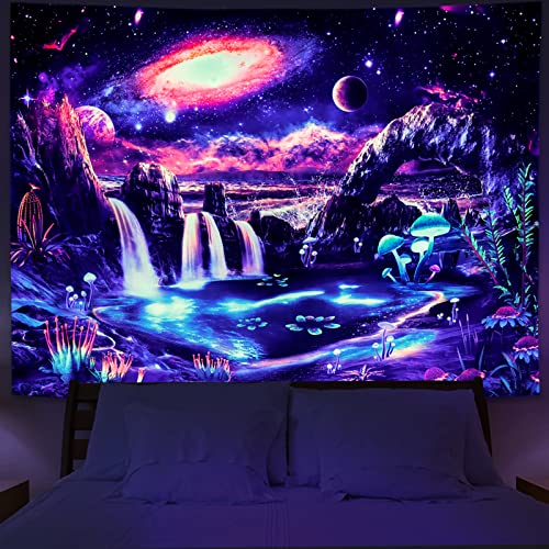 Image of Blacklight Galaxy Tapestry UV Reactive Waterfall Planet Landscape Tapestry Mountain Wave Wall Tapestries Neon Nebula Plants Wall Hanging for Room