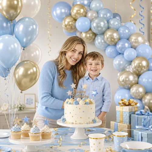 Image of Dusty Blue Pearl Balloons, 50PCS 12Inch Sand Double Stuffed for Baby Shower | Pearl White Dusty Blue Double Stuffed Balloons for Baby Shower Wedding Anniversary Birthday Party Boho Style Decor