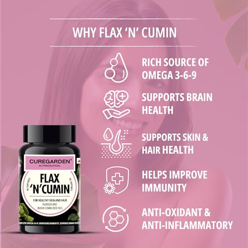 Image of Curegarden Flax 'N' Cumin - Flaxseed Oil Capsules with Black Cumin Oil - Softgels for Healthy Hair & Skin - Dairy & Gluten Free - Certified - 500mg - 90 Capsules