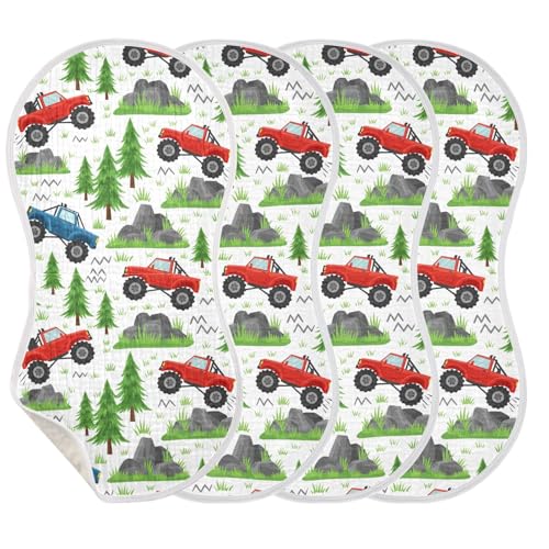J JOYSAY Monster Truck Trees White Baby Burp Cloths for Boys Girls Large 22''x11'' Cotton 4 Layer Burping Cloths for Infant Drool one sizex4