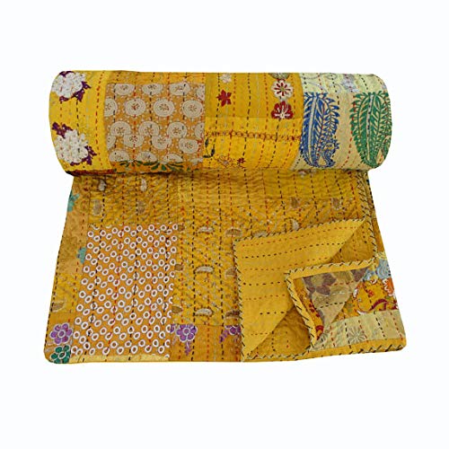 NANDNANDINI TEXTILE - Colcha Kantha india hecha a mano, manta de algodón de diseño antiguo, para decoración del hogar, colcha Kantha Gypsy Boho de tamaño doble