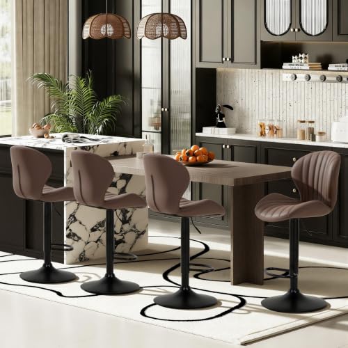Image of COLAMY Bar Stools Set of 4,Swivel Adjustable Height Leather Bar Chair,Brown