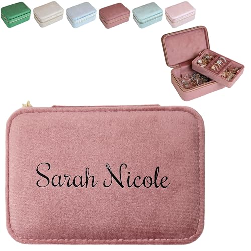 Customizable Two-Tier Velvet Jewelry Box With Mirror, Travel Case and Organizer for Women and Girls, Holder (Center Text, Nude Pink)