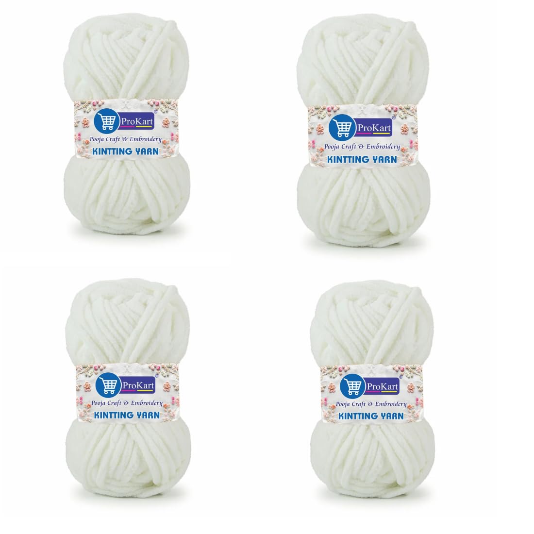 ProKart Premium Blankie Wool, Plush & Cuddly, Chenille Yarn Supersoft Hand Knitting Wool Ball | Blanket Thick/Mottu Yarn Ball Suitable for Hand Knitting and Crocheting (Pure White, 100gms x 4 Pack)
