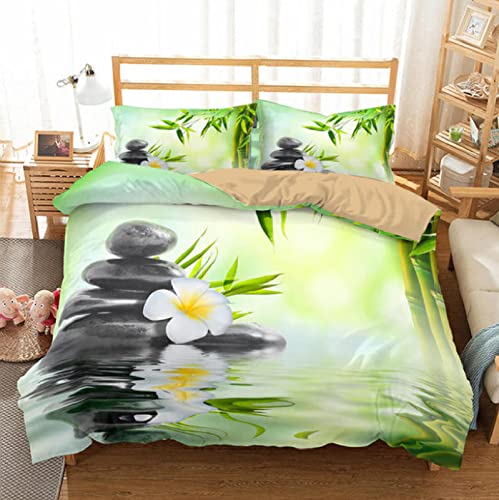 ZLLHAPPY Housse de Couette 260 X 240 Pierre Zen Fleur de Bambou：Literie Housse de Couette 3 Pieces Polyester, 3D Parure de Lit Home Housse de Couette Taies d'oreiller- 240X260