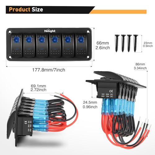 Image of Nilight-90111F 6 Gang Aluminum Rocker Switch Panel Toggle Dash 5 Pin ON /Off Pre-Wired Rocker Switch Blue Backlit Switch for Automotive Car Marine Boat RV,2 Years Warranty
