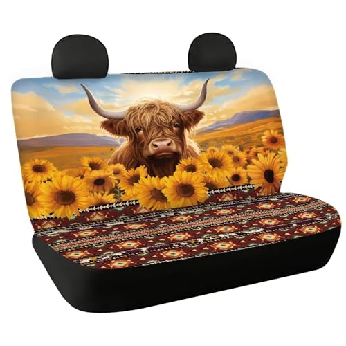 BYCHECAR Western Car Back Seat Cover Protecor for Pets Dog Scratch Proof Rear Seat Covers Highland Cattle Sunflower Auto Split Bench Seat Backrest Saddle Blanket Protector