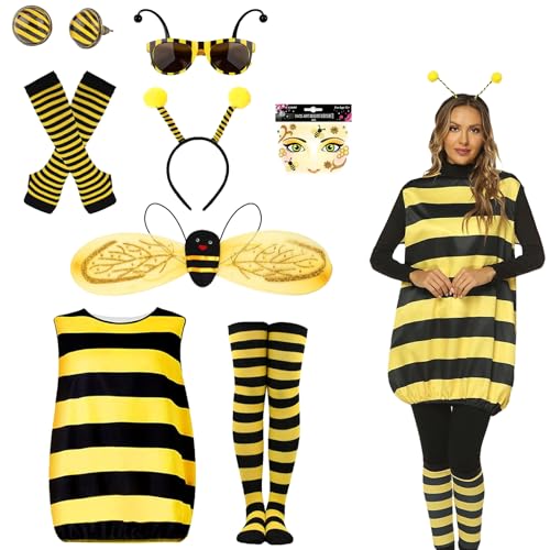 JrnSvp Bienen Kostüm Bienenkostüm Erwachsene Damen Haarreif Flügel Handschuhe Beinsocken Ohrringe Brille Biene Kostüms für Karneval Party Dress Up Party Cosplay