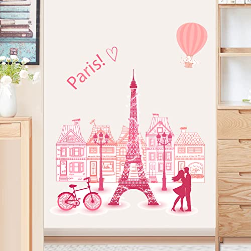 Romantic Paris Eiffel Tower Wall Sticker, Hot Air Balloon Bike Wall Decals, Peel And Stick Removable Wall Murals Decoration, Living Room Bedroom Office Background Wall Home Decor #TOP5