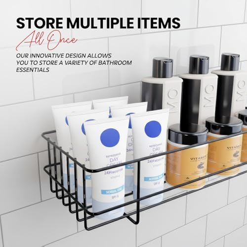 Image of amazon basics Self Adhesive Bathroom Shelf for Wall, Bathroom Organiser Without Drill, Rust Resistant Wall Mounted Bathroom Rack for Shampoo, Soap & Toiletries, Black, Pack of 1