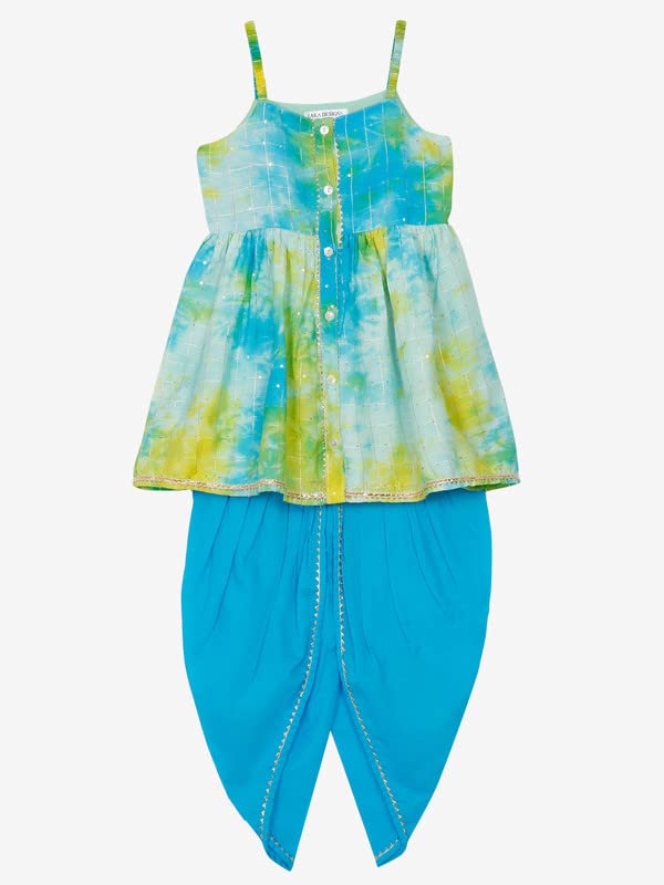 Image of Saka Designs Tie & Dye Blue and Sea Green Jhabla and Dhoti