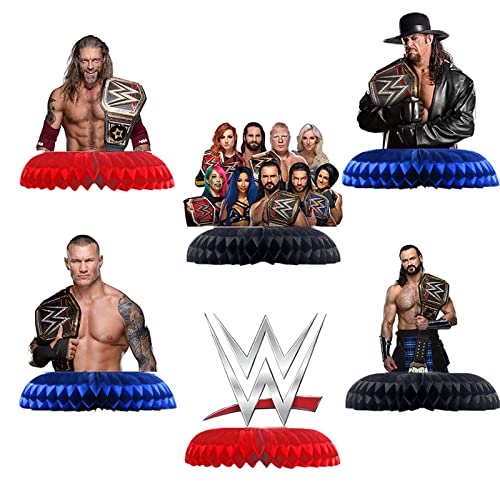 6Pcs WWE Wrestling Birthday Party Supplies, WWE Table Decorations Honeycomb Centerpieces, 3D Double Side Table Toppers, Cake Toppers, Boxing Match Birthday Decorations for Boys and Girls