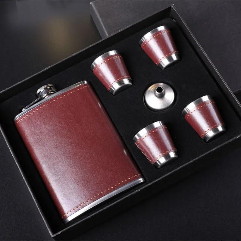 Image of Leather Stainless Steel Hip Flask with 4 Shot Glasses with Funnel, Liquor, Wine, Whiskey, Alcohol Drinks Holder Pocket Beverage Bottle for Men and Women