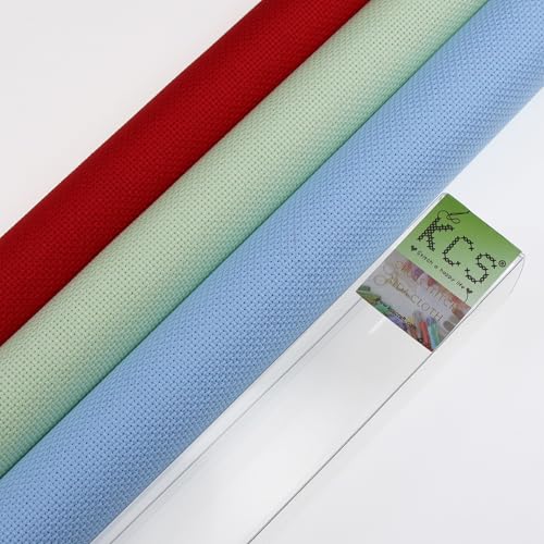 Image of KCS 3 pc of 15 inch x 18 inch(38cmx45cm) Counted Cross Stitch Cotton Aida Cloth Needlework Rolled Fabric Box,18CT,Light Blue+Light Green+Red