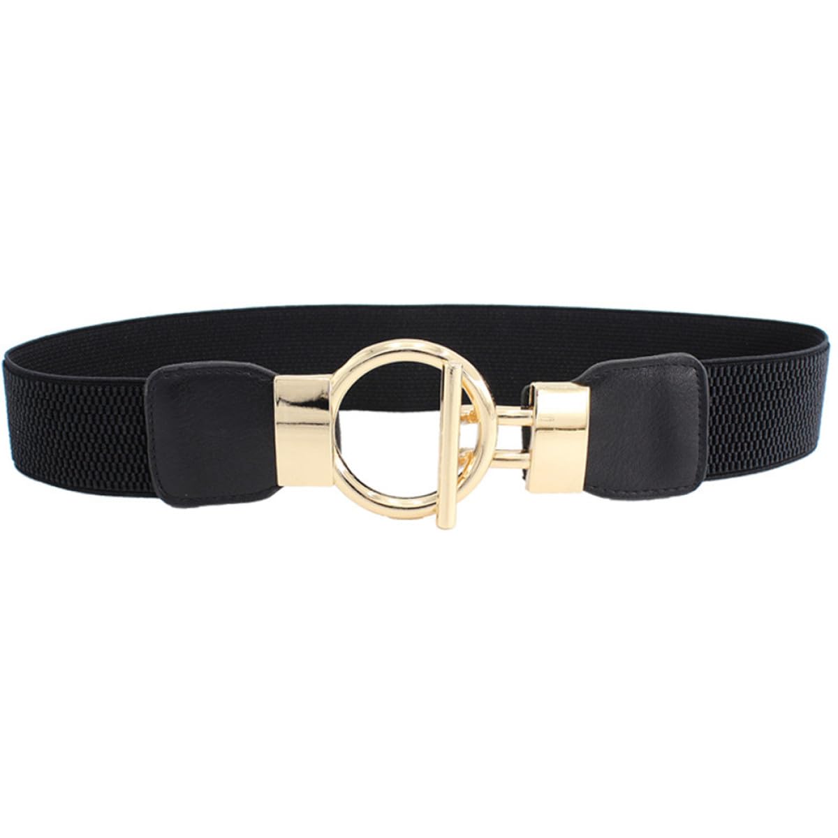Wide Women Elastic Waist Belt with Pu Leather Girdle, Stretch Cinch Waistband, Golden round Buckle, Solid Black Waist Cincher for Dresses and Casual Wear