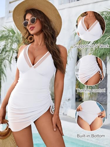 Image of Blooming Jelly Women One Piece Swim Dress Tummy Control Swimsuits Slimming Mesh Sheer Sarong Wraps Bathing Suit