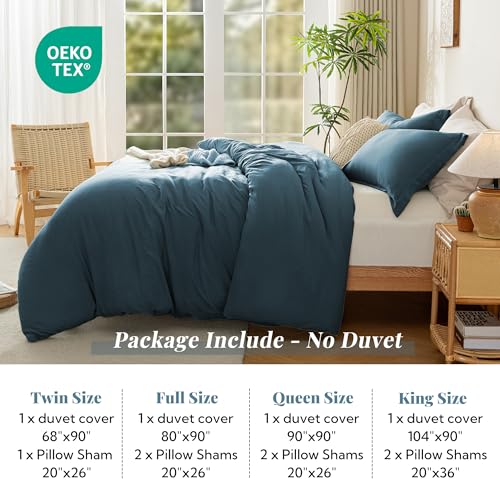 Image of MILDLY Duvet Cover Cal King Ultra Soft Bedding Set 3pcs, Peacock Blue | Washed Microfiber Cotton-Like, Breathable Comfort, Hidden Zipper, 8 Corner Ties, OEKO-TEX Certified, Fade Resistant