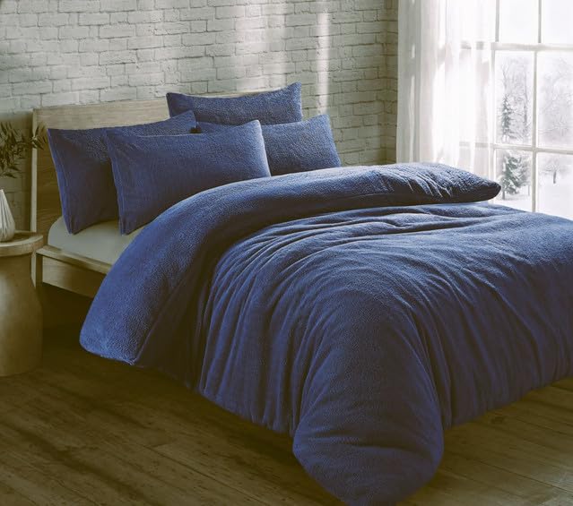 Luxury Teddy Fleece Duvet Cover with Pillowcases Set, Premium Ultra Soft & Cosy Thermal Warm Fluffy Quilt Bedding Sets, (Navy - King)