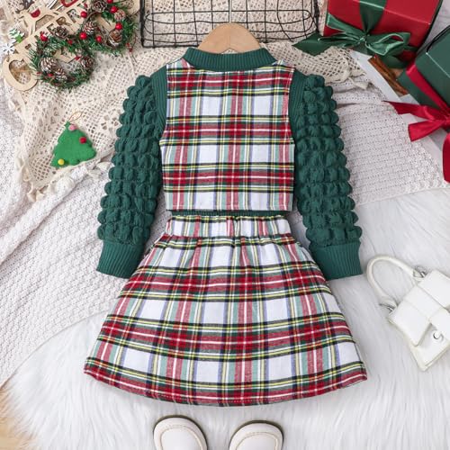 Image of Toddler Girls Christmas Outfits Girls Puff Sleeve Knit Ribbed Tops Button Down Vest Plaid Skirt Set Winter Clothes