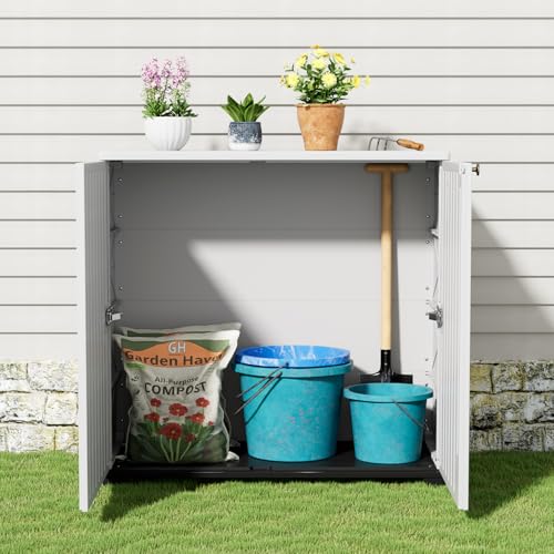 Image of KINYING Outdoor Storage Cabinet Waterproof, 60 Gallon Resin Outdoor Storage Shed for Patio /Garden /Backyard, Outdoor Storage Box for Cushions,Garden Tools and Pool Supplies(White W /O Shelving)