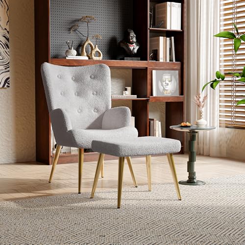 Sessel mit Hocker, Ohrensessel mit Hoher Rückenlehne, Fernsehsessel Armlehnensessel Polstersessel Relaxsessel, Schlafzimmer Lounge Sessel Lesesessel Lammwolle, Hellgrau