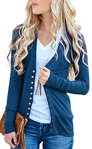 NENONA Women's V-Neck Button Down Knitwear Long Sleeve Soft Basic Knit Cardigan Sweater(Navy Blue-S)