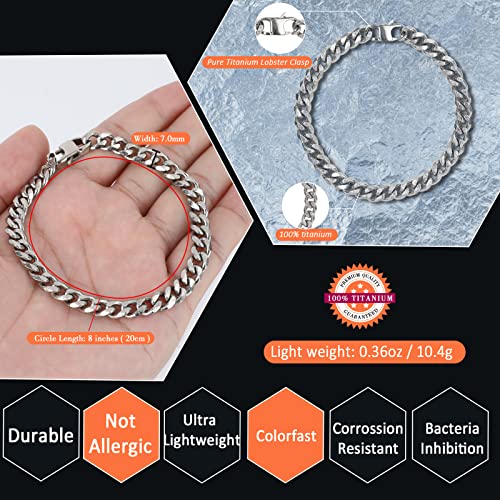 Santhree 7Mm Pure Titanium Bracelet For Men Lightweight Skin Friendly Curb Cuban Chain Bracelets Birthday Valentines Gifts Boys Graduation Fathers Day Jewelry, 8 Inches #TOP1