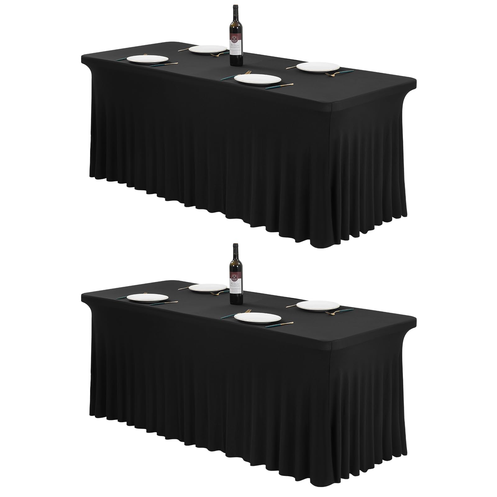 2 Pack 6Ft Spandex Table Skirts Black Stretch Tablecloth with Skirt for 6 Foot Rectangle Table, One-Piece Wrinkle Resistant Fitted Stretchable Table