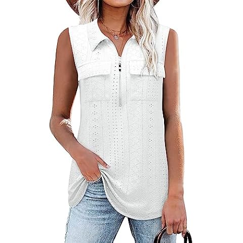 Bulotus Womens Sleeveless Tops, Tunic Tops for Women Loose Fit V Neck Zipper Zip Front Shirts Business Casual Blouses Ladies Summer Tank Tops for Work Collared Shirts, White, M Cover