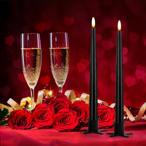 Image of CVHOMEDECO. Flameless Taper Candles with 10-Key Remote, Battery Operated Led Flickering 3D Wick Window Candles Real Wax Finished Home Christmas Party Decor 0.78 x 11 Inch, Pack of 2, Black
