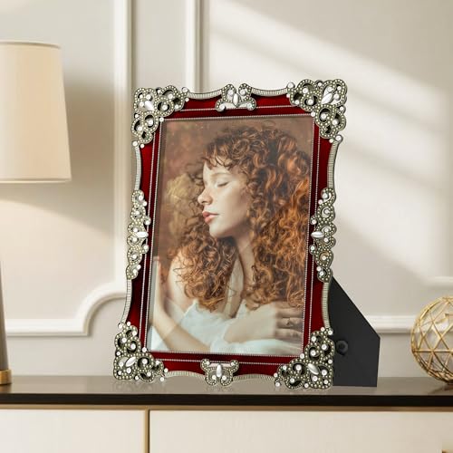 Image of DUENPY Metal 5x7 Photo Frame HD Glass Wine Red 1 Pack | Vibrant Red Metal Frame, Elegant Desktop Ornament, Perfect for Photo Display and Holiday Gifting