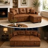L-Shaped Sectional Couch with Storage, Sleeper Sofa for Living Room, Convertible Sofa Bed with Pull-Out Bed, Reversible Chaise, Light Brown Breathable Fabric, Space-Saving Apartments Furniture