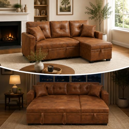 L-Shaped Sectional Couch with Storage, Sleeper Sofa for Living Room, Convertible Sofa Bed with Pull-Out Bed, Reversible Chaise, Light Brown Breathable Fabric, Space-Saving Apartments Furniture