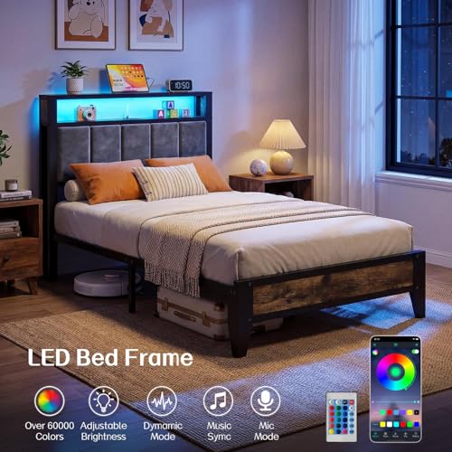 Image of OLEVS Twin Bed Frame with LED Light Storage Headboard and Charging Station Type C, Metal Platform Bed Twin Size,No Box Spring Needed, Noise Free, Easy Assembly