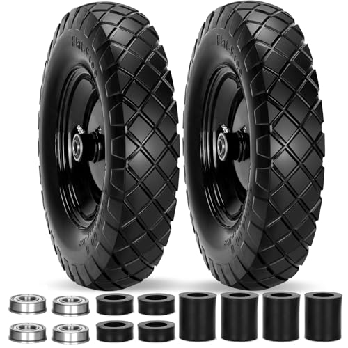 Pontuss Upgraded 16 Flat Free Wheelbarrow Wheels and Tires 4.80/4.00-8 Solid Tires with 5/8 & 3/4 Bearings 14-16 Universal Fit Wheelbarrow Wheels for Wheelbarrows/Garden Trailer