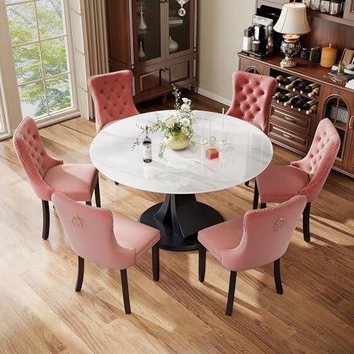 Image of 7-Piece Dining Table Set with 47In Faux Marble Table and 6 Velvet Upholstered Chairs, Modern Scandinavian Furniture for Dining Room Kitchen(Pink)