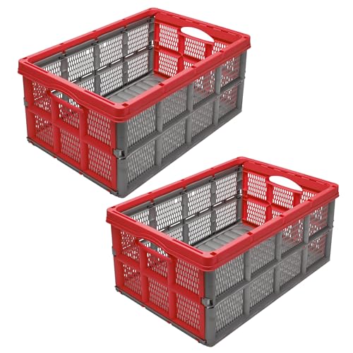 Garronda 2 Pack faltbare Klappbox 51 x 34 5 x 22 5 cm aus Kunststoff HDPE klappbare Aufbewahrungsbox für Transport Lagerung und Ernte im Auto Garten und Haushalt stapelbar GD-0188 (Grau/Rot)