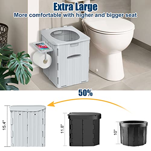 XL Portable Toilet for Adults, 15.4″ H Foldable Camping Toilet with Detachable Phone Shelf and Toilet Paper Holder, Waterproof Porta Potty with Lid for Hiking, Long Road Trips, Car