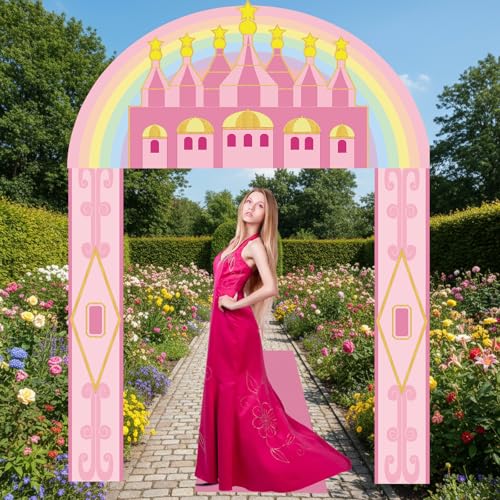 Image of Tingjoo 4 Pcs Princess Castle Door Banner Entryway Party Decorations Emerald Pink Castle Backdrop Hanging Banner Runner for Christmas Girls Birthday Holiday Wizard Party Baby Shower