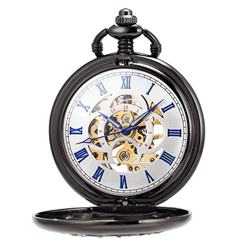Image of ManChDa Antique Mechanical Pocket Watches for Men Lucky Dragon Phoenix Pocket Watch with Chain Skeleton Dial Roman Numerals Gifts for Fathers Day