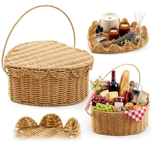 Qinyoung 2-in-1 Heart Wicker Picnic Basket with lid Heart Shaped Scalloped Tray Handwoven Empty Gift Basket with Handle Picnic Hamper for Fruits Wedding Anniversary Camping Outdoor Valentines Day