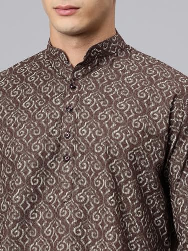 Image of Majestic Man Men's Regular Fit Ethnic Motifs Printed Pure Cotton Long Kurta with Mandarin Collar & Full Sleeves