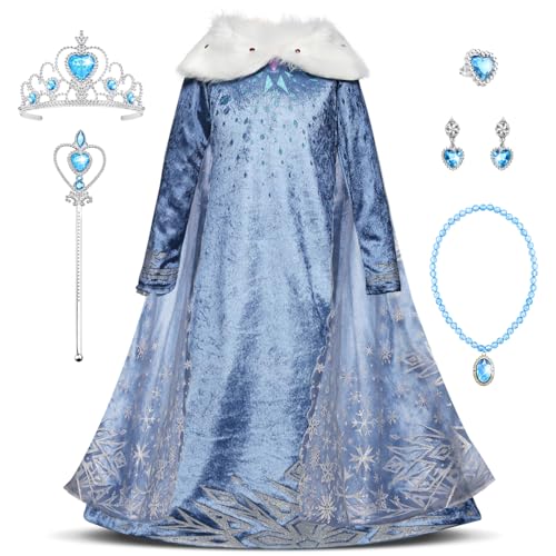 YOSICIL Niñas Cosplay Vestido de Princesa Elsa con Capa Vestido de Frozen Manga Larga Vestido Largo Disfraz Azul Dulce...