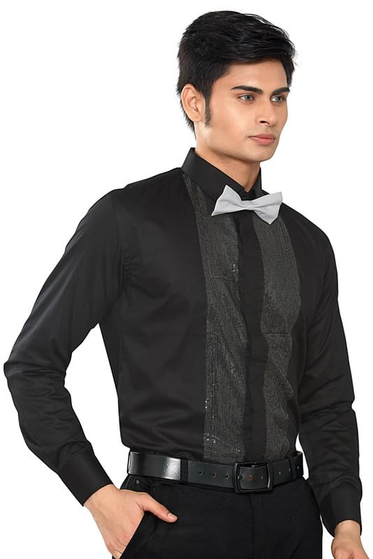 Image of GLOBALRANG Men's Sequin Tuxedo Shirt | Satin Cotton | Cut Away Collar with Bow Tie