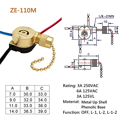 Image of Ceiling Fan Switch Kit Zing Ear ZE-110M Pull Chain Light Switch 3 Wire Metal Body Speed Fan Switch Ceiling Fan Light Lamp Replacement Switch with Pulling String, Brass