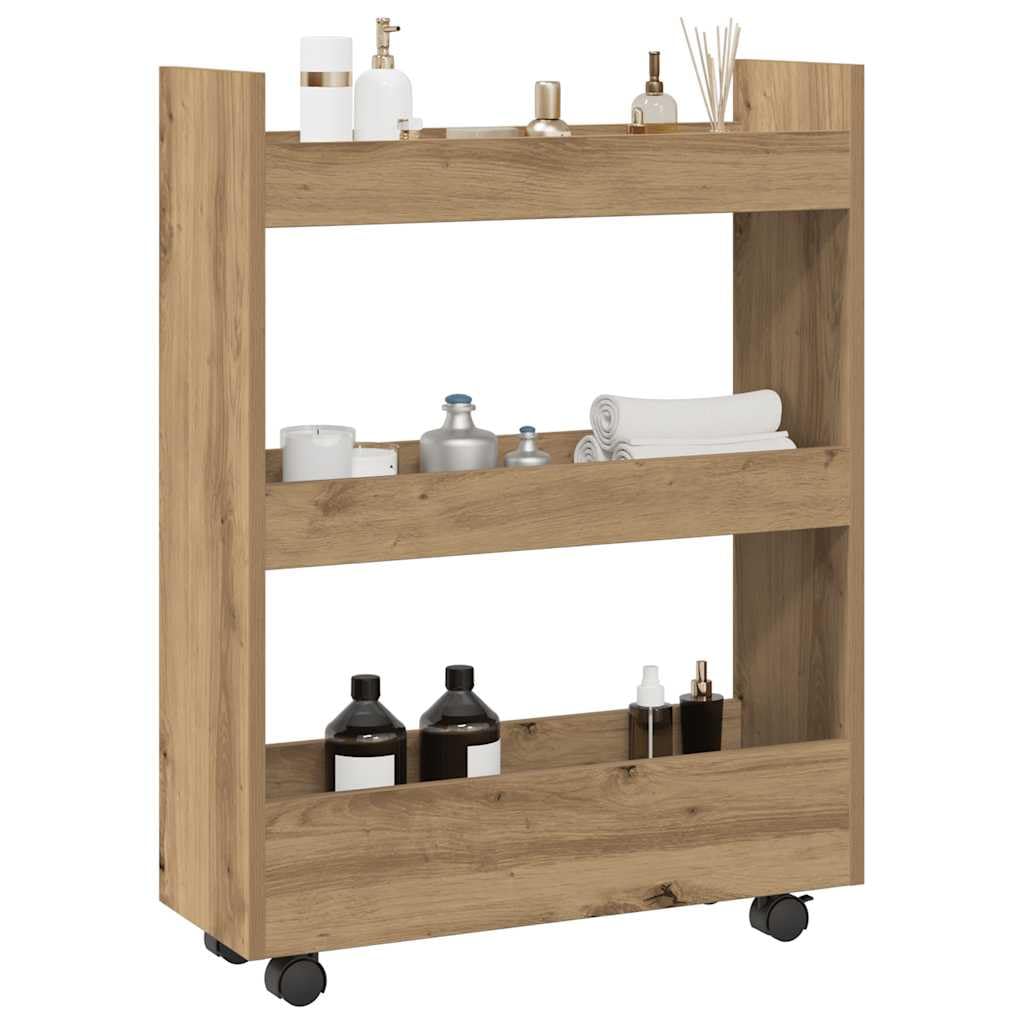 Carro de almacenamiento estrecho de roble Artisan, 3 niveles, 60 x 22 x 80 cm, carrito auxiliar con ruedas y espacio de almacenamiento para cocina, comedor, bar, carro de nicho, móvil y