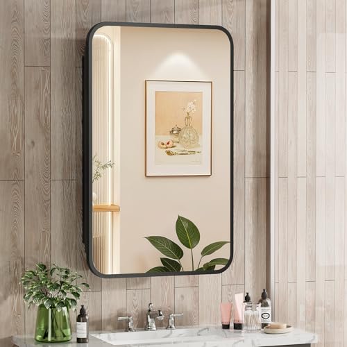 ACEMIRO 16x24 Inch Black Mirror Medicine Cabinet Metal Framed Recessed Wall Mounted Bathroom...