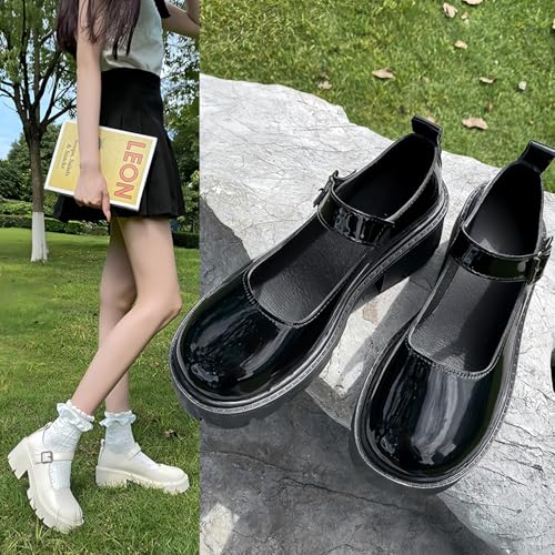 Image of Women's Platform Mary Janes Heart Cat Buckle Rivets Ankle Lolita Gothic Princess Platform Pumps Patent Leather Thorn Vintage Traditional Embroidery Upper Dress Shoes