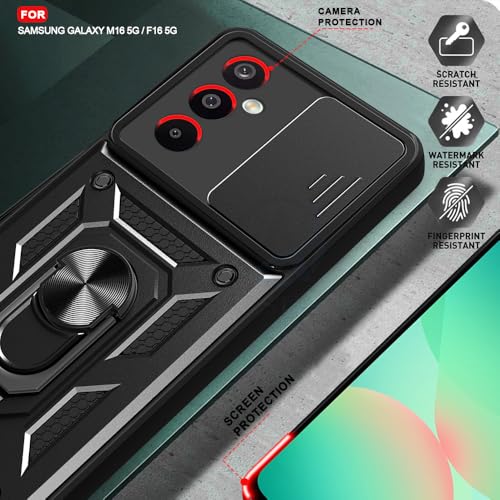 Image of AESTMO Tough Armor Samsung Galaxy M16 / F16 5G Bumper Back Case Cover | Ring Holder & Sliding Camera Cover | 360 Degree Protection Back Case Cover for Samsung Galaxy M16 / F16 5G (Black)